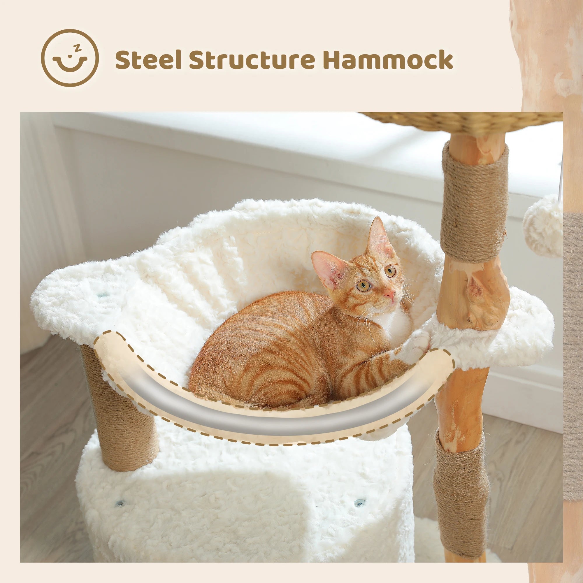 Modern Natural Wood Cat Tree with Wicker Basket & Deep Hammock – Luxury Indoor Cat Tower with Spacious Condo