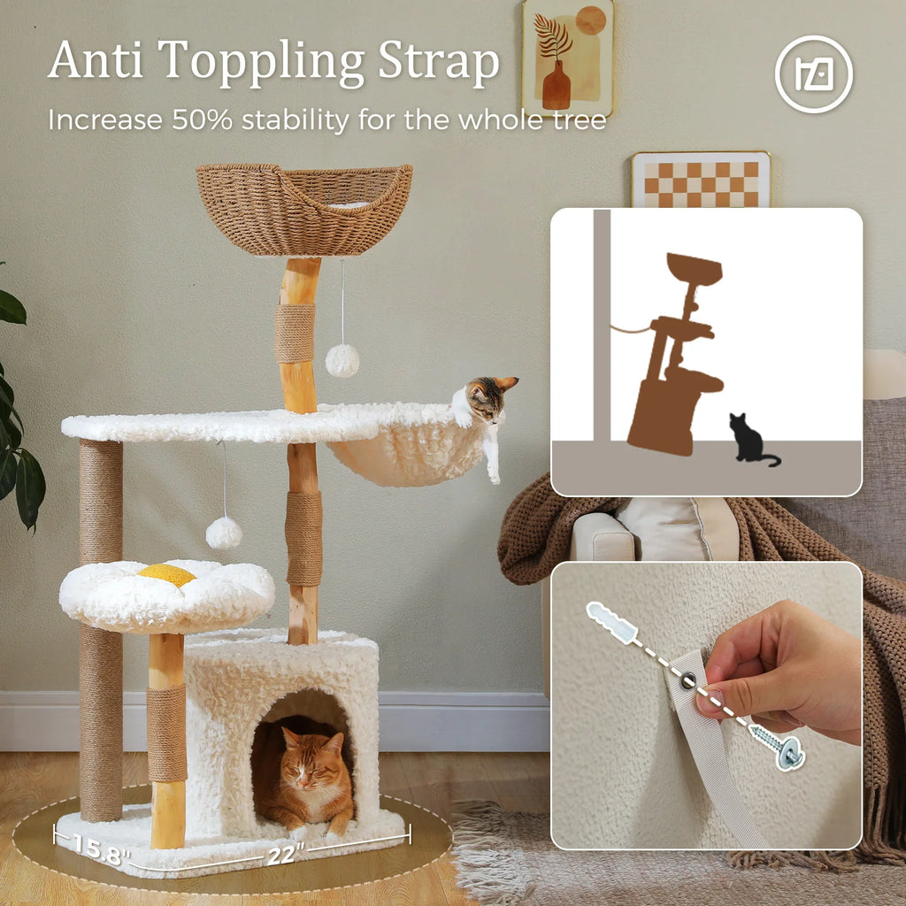 Modern White Cat Tree Tower (Flower Bed + Hammock + Condo) – 123cm