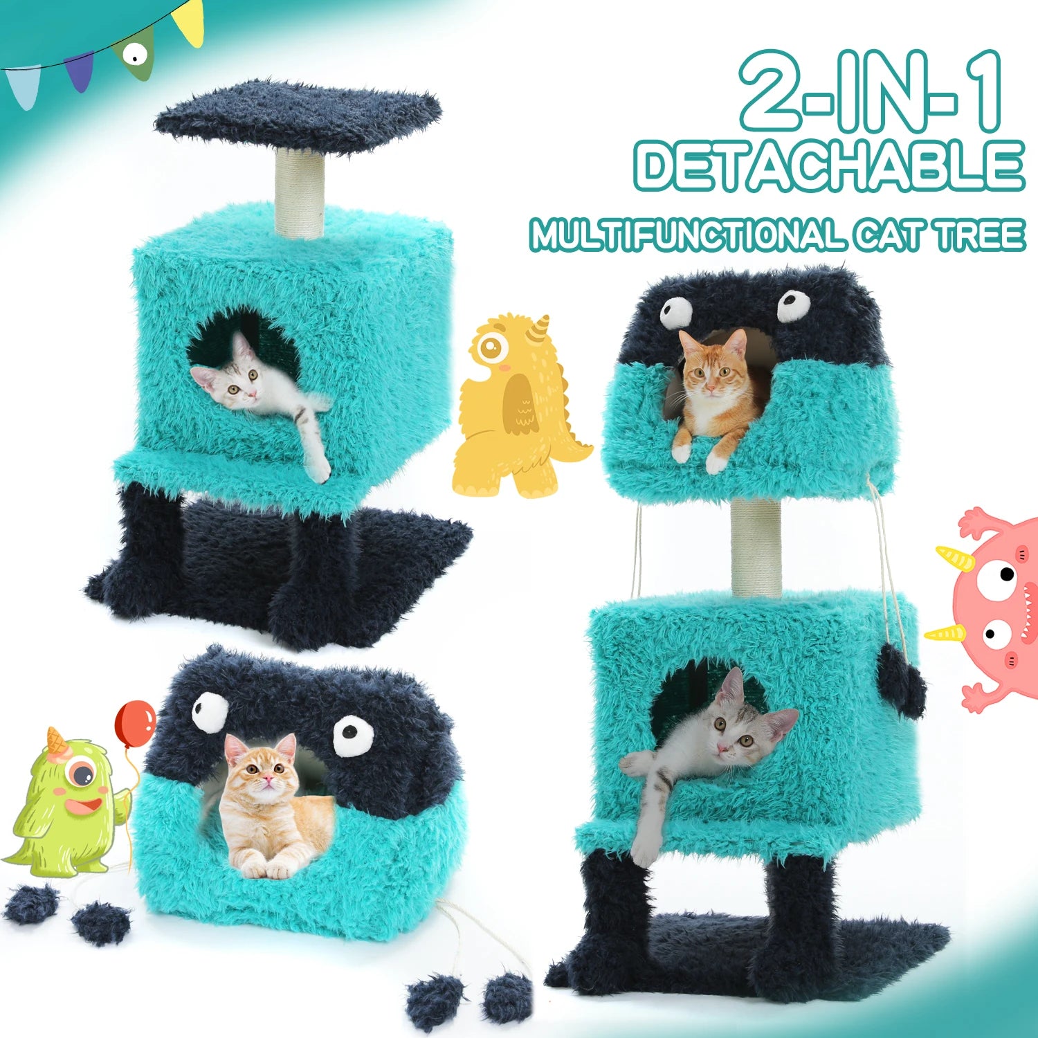 Monster Cozy Cat Tree Tower (2 Condo Hideouts + Scratching Posts, 4 Levels)