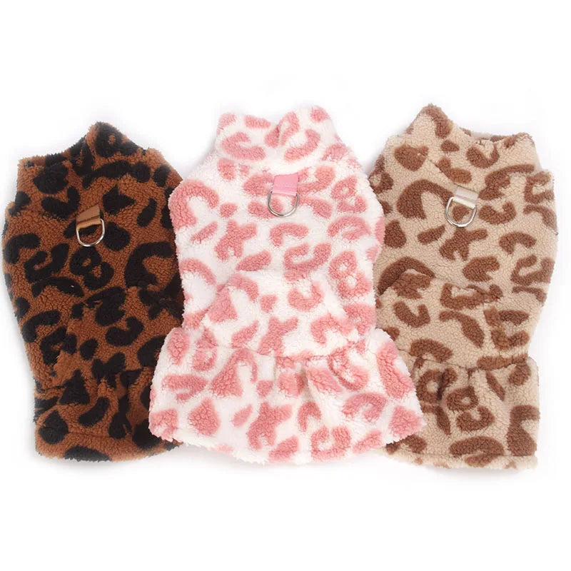 Leopard Winter Fleece Dog Dress Pullover (XS–XL)