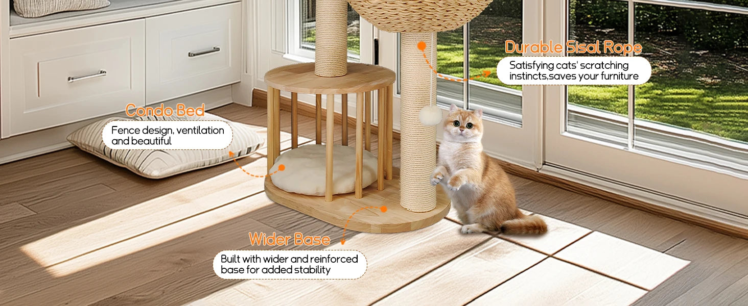 3-Tier Natural Wood Climbing & Rest Tower for Indoor Cats