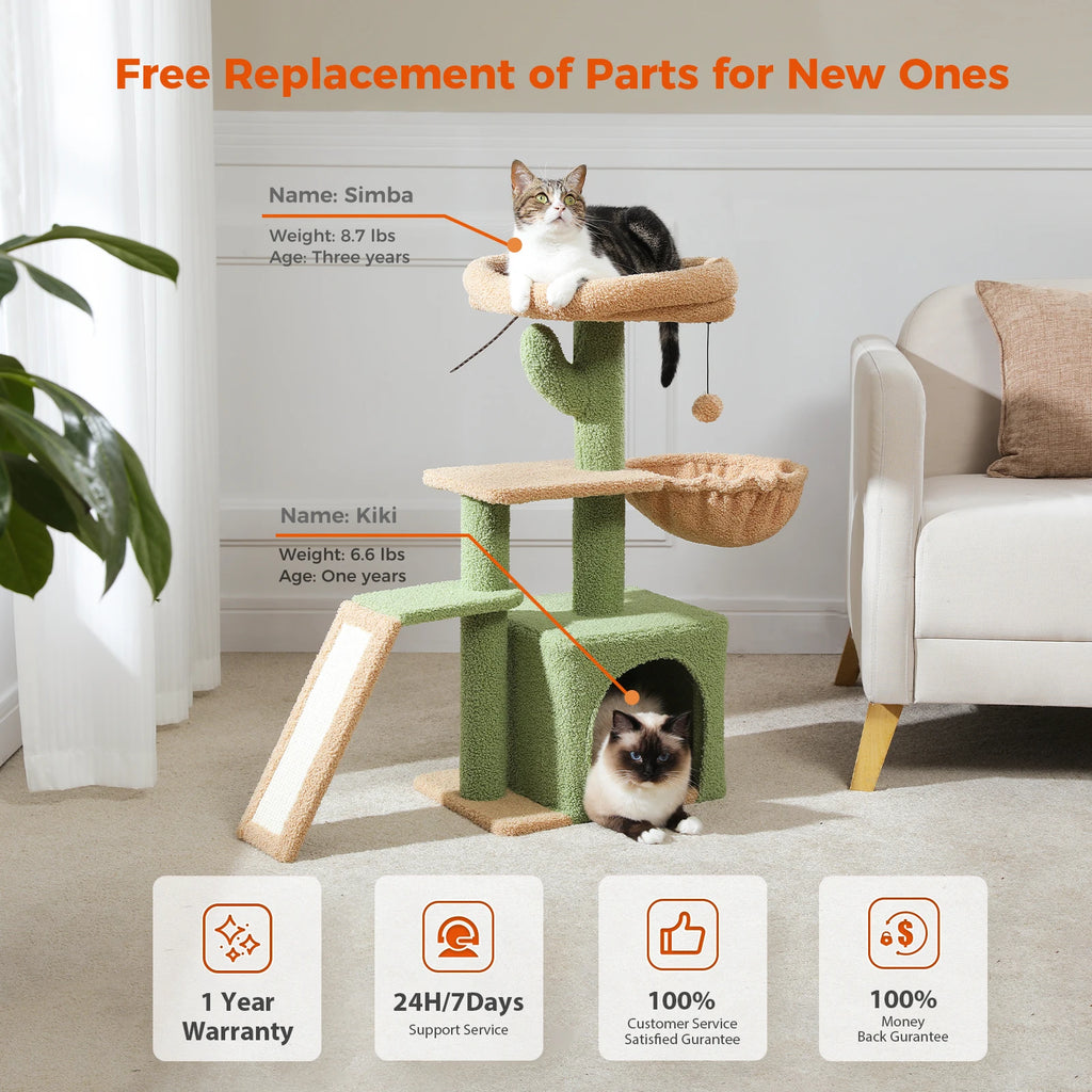Small Cat Tree Tower with Sisal Scratching Ramp, Condo, Hammock & Top Perch