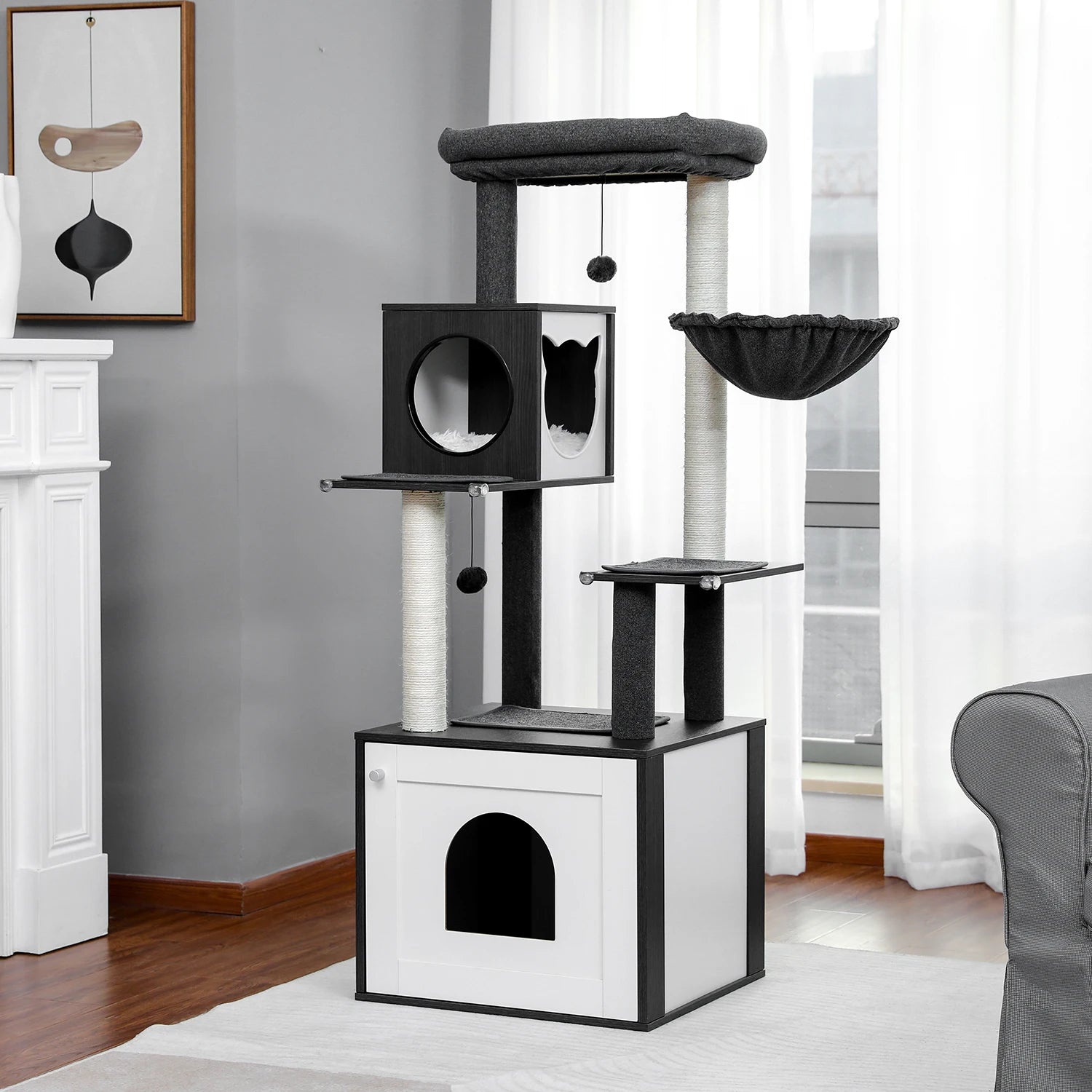 Multi-Level Wooden Cat Tree Tower with Condo, Hammock & Scratching Posts