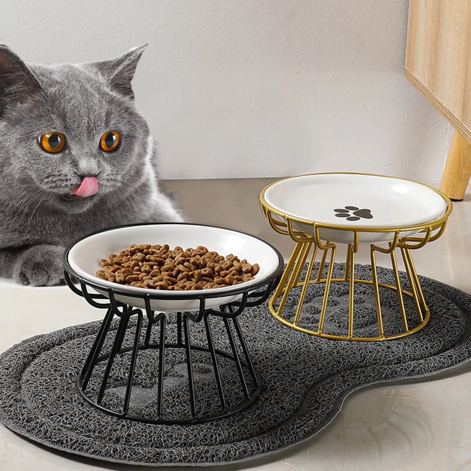 Wide Ceramic Whisker-Friendly Cat Bowl with Iron Stand