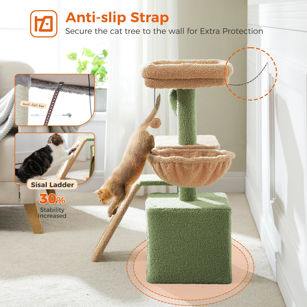 Small Cat Tree Tower with Sisal Scratching Ramp, Condo, Hammock & Top Perch