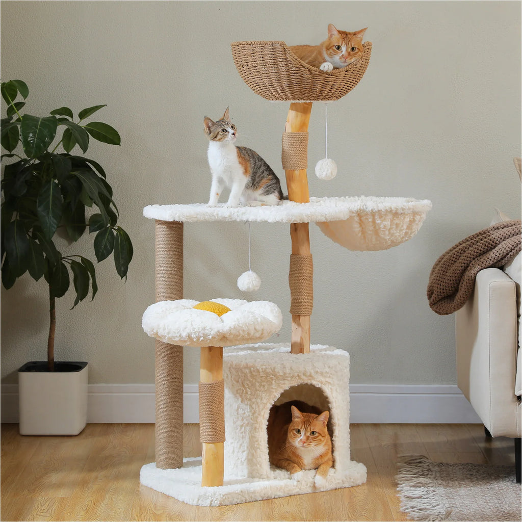 Modern White Cat Tree Tower (Flower Bed + Hammock + Condo) – 123cm