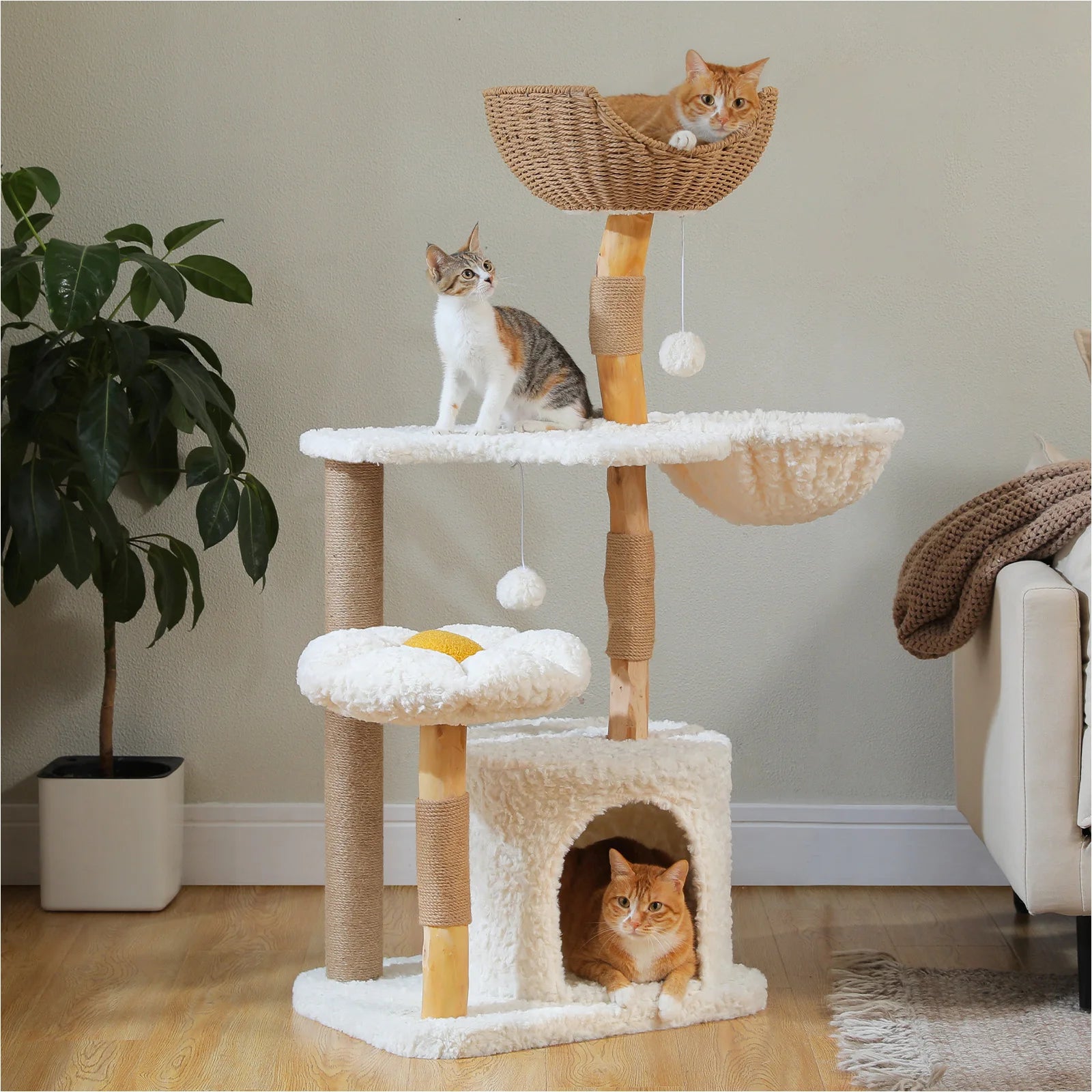 Modern White Cat Tree Tower (Flower Bed + Hammock + Condo) – 123cm