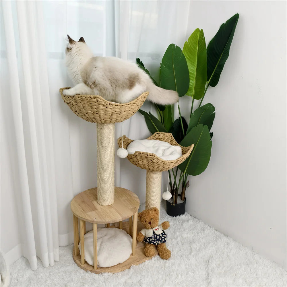 3-Tier Natural Wood Climbing & Rest Tower for Indoor Cats