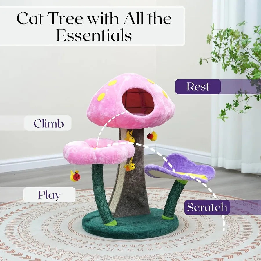Wonderland Mushroom Cat Tree (31") – 3-Level Tower w/ Mushroom Condo, Flower Perch, Sisal Scratching Pad & Hanging Bee Toy
