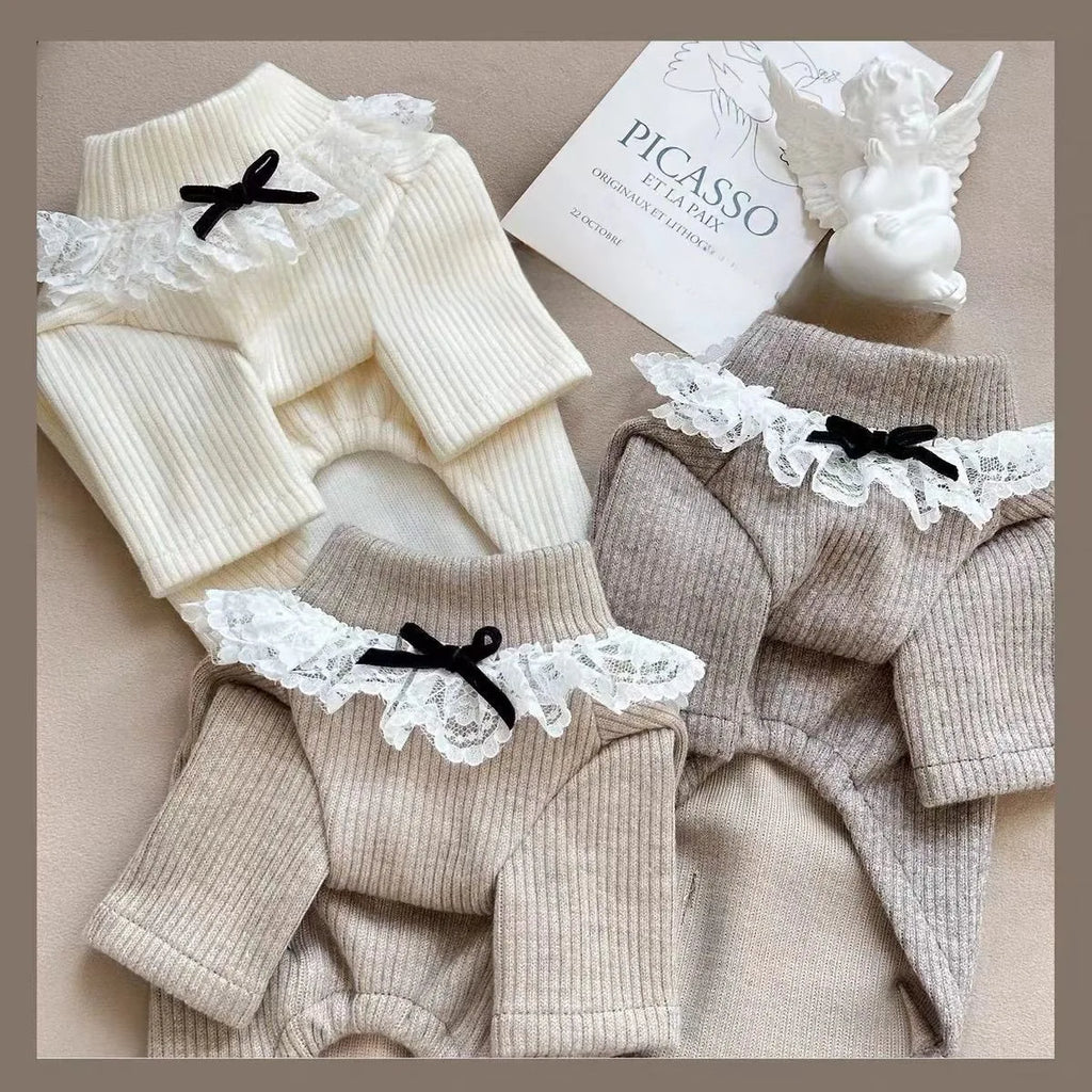 Lace Collar Knit Dog Sweater (Elegant High-Neck Cotton Winter Top) 🤍🐾