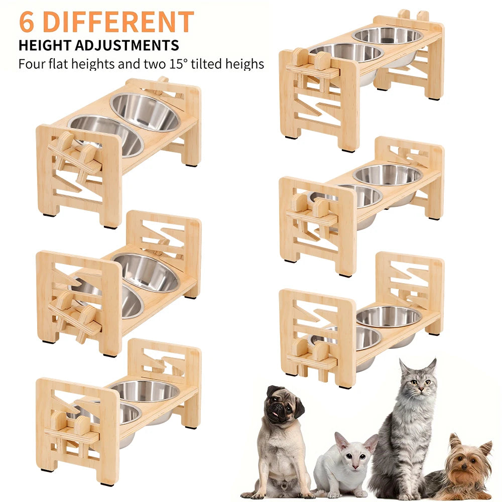 Adjustable Elevated Wooden Pet Bowl Stand with Stainless Steel Bowls