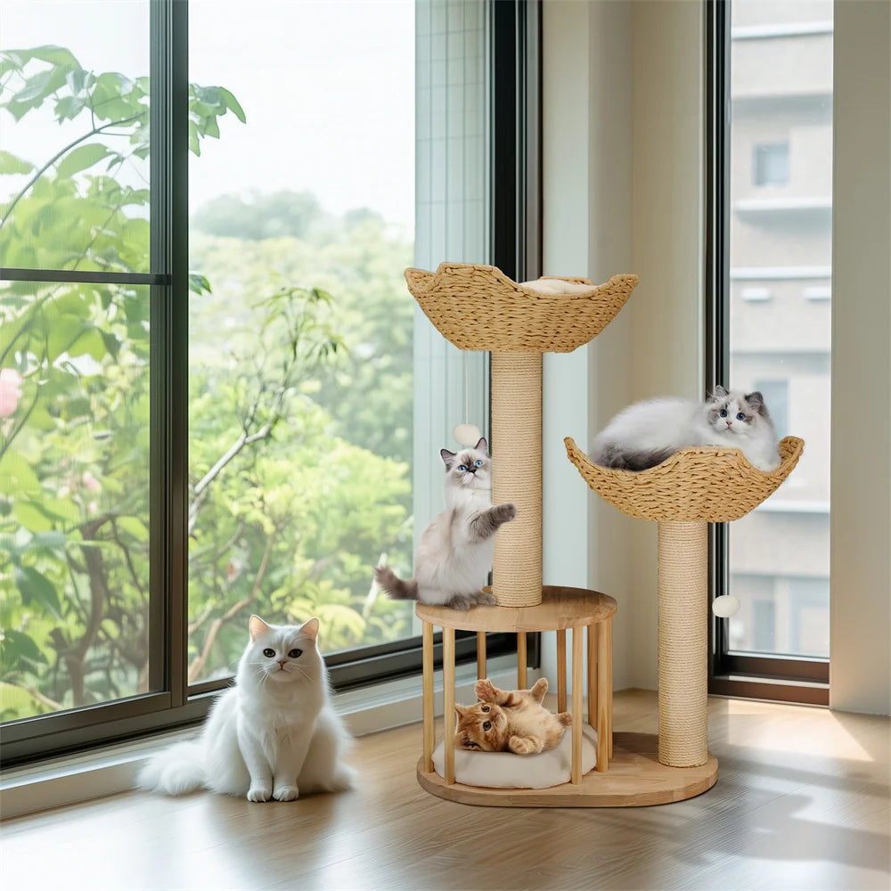 3-Tier Natural Wood Climbing & Rest Tower for Indoor Cats