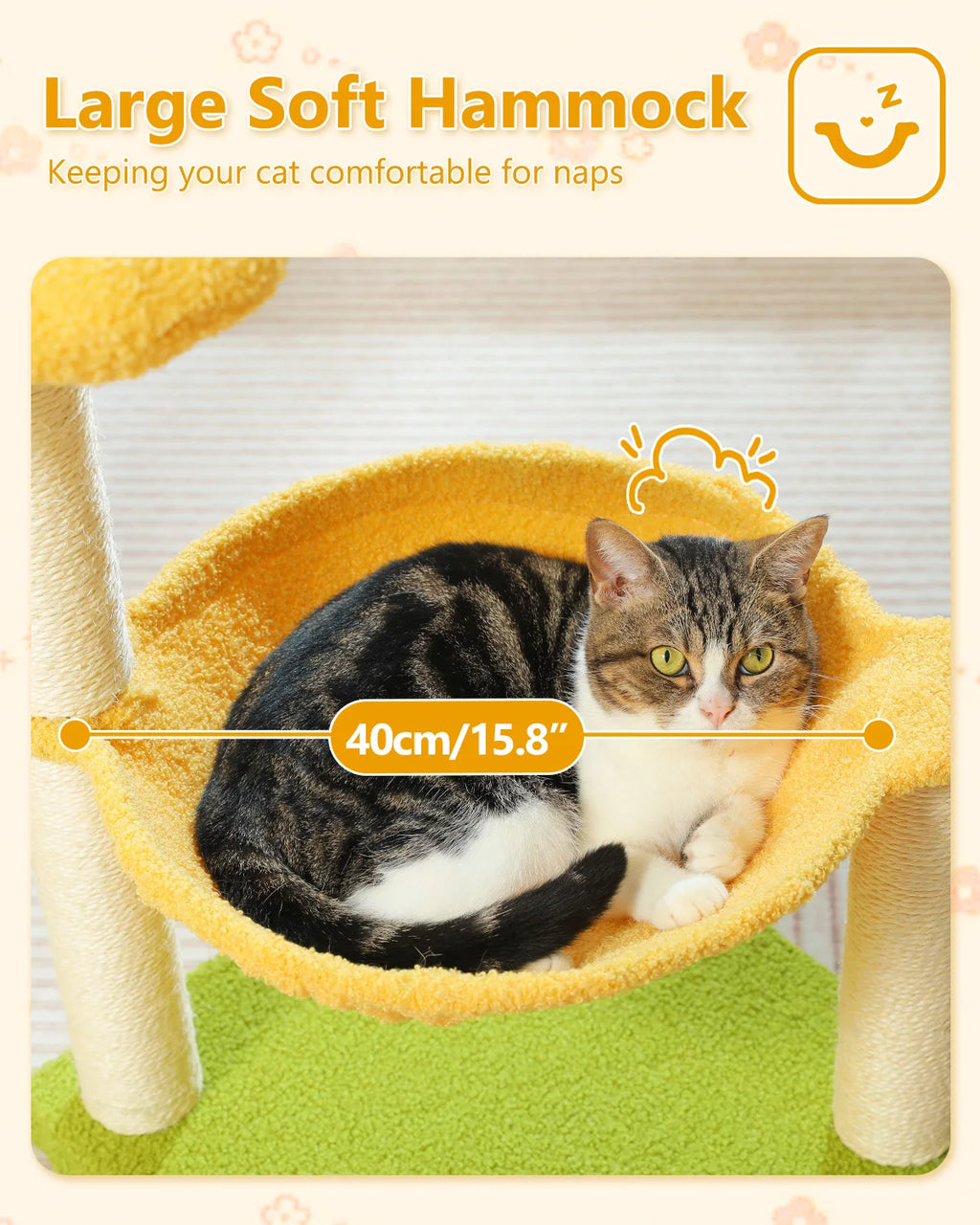 Flower Cat Tree with Sisal Scratching Posts & Large Hammock – Compact Indoor Cat Tower with Soft Top Perch for Kittens