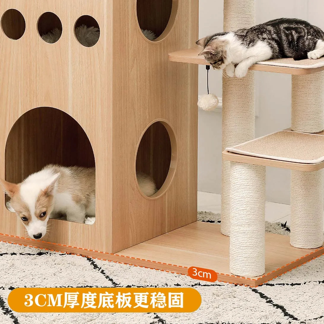Modern Wood Cat Castle Tree (5+ Levels, Large Condos + Clear Bowl Perch)