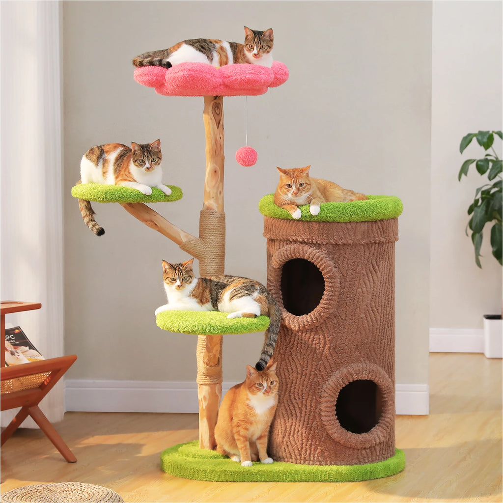 Forest Cat Tree Tower (4 Condos + Flower Top Bed + Thick Scratcher)