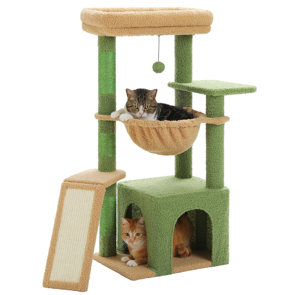 Small Cat Tree Tower with Sisal Scratching Ramp, Condo, Hammock & Top Perch