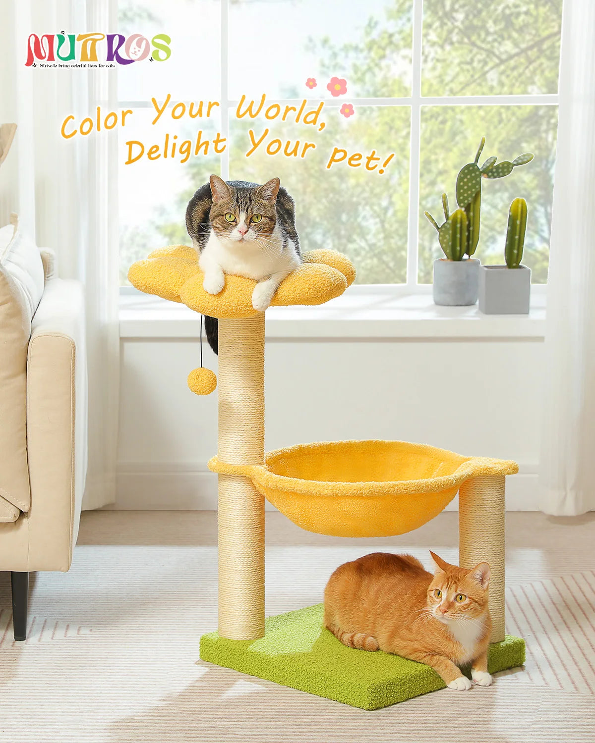 Flower Cat Tree with Sisal Scratching Posts & Large Hammock – Compact Indoor Cat Tower with Soft Top Perch for Kittens