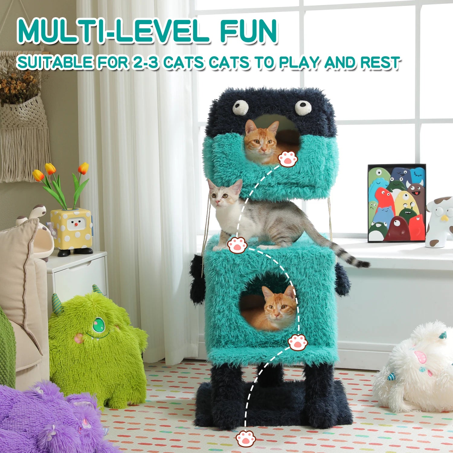 Monster Cozy Cat Tree Tower (2 Condo Hideouts + Scratching Posts, 4 Levels)