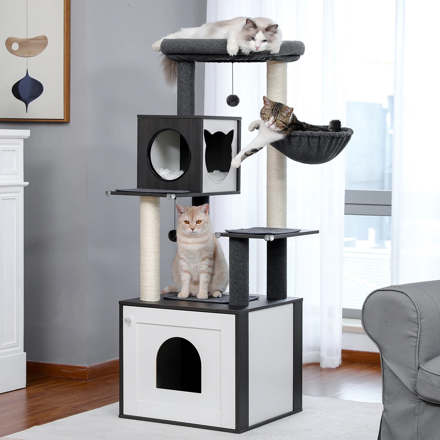 Multi-Level Wooden Cat Tree Tower with Condo, Hammock & Scratching Posts