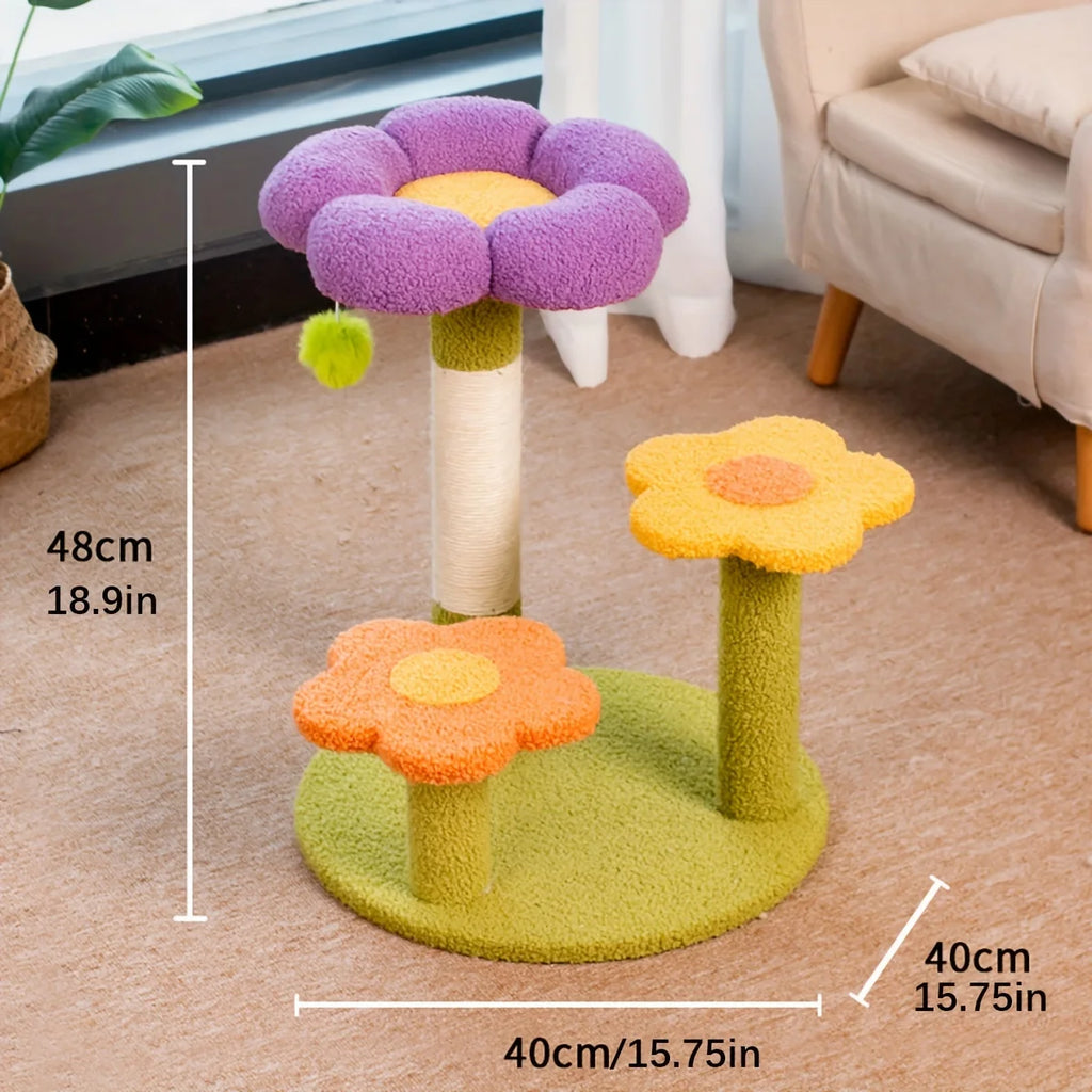 Flower Cat Scratching Post & Climbing Playstand – 3-Level Sisal Rope Scratcher with Plush Base (Indoor Cats)