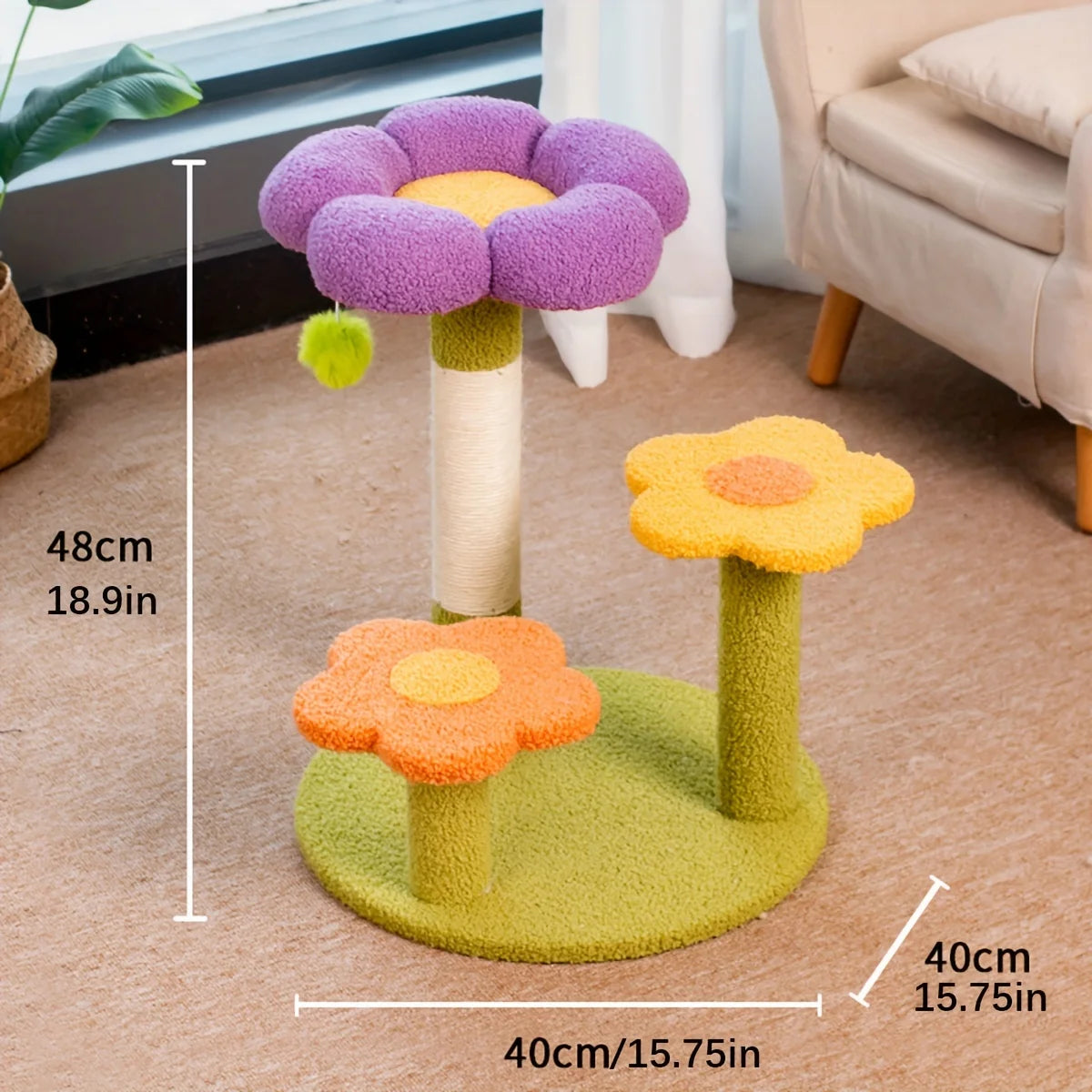 Flower Cat Scratching Post & Climbing Playstand – 3-Level Sisal Rope Scratcher with Plush Base (Indoor Cats)
