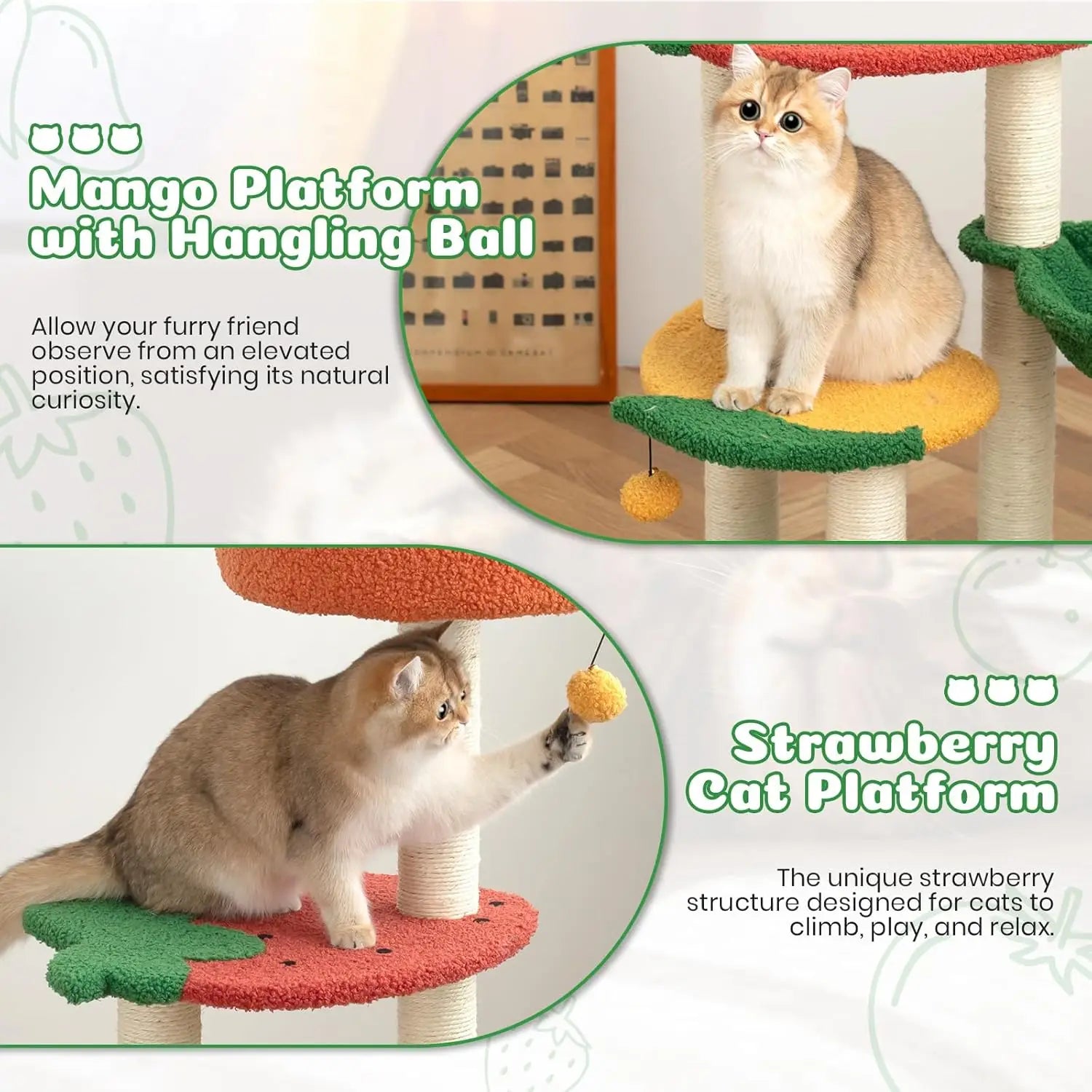 Fruit World Cat Tree Tower (40.5") – Strawberry Plush Perches, Cozy Basket Hammock & Sisal Scratching Posts