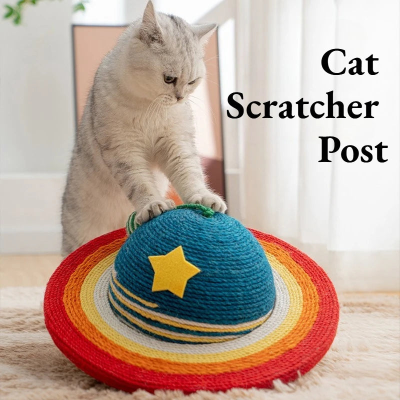 Starry Sky Planet Cat Scratcher – Natural Sisal Scratch Post with Play Ball, Indoor Cat Scratch Pad