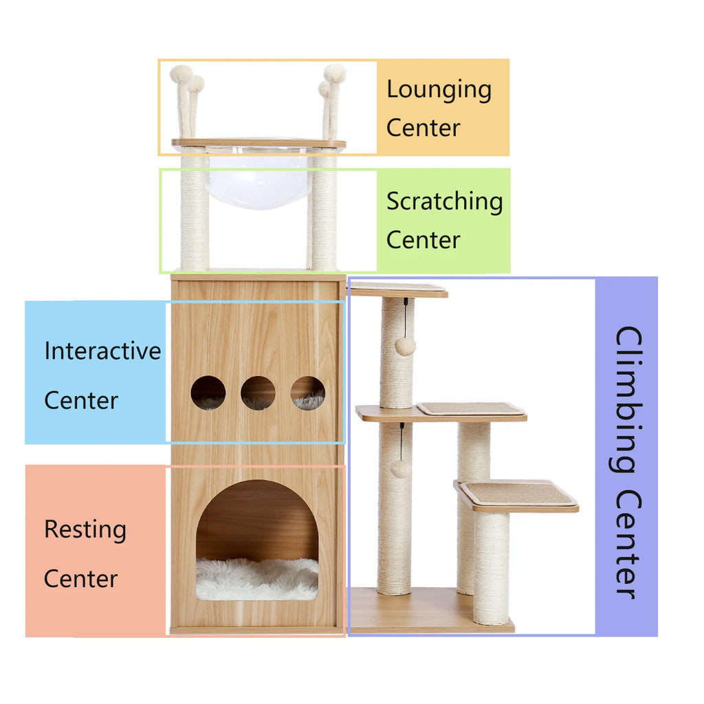 Modern Wood Cat Castle Tree (5+ Levels, Large Condos + Clear Bowl Perch)