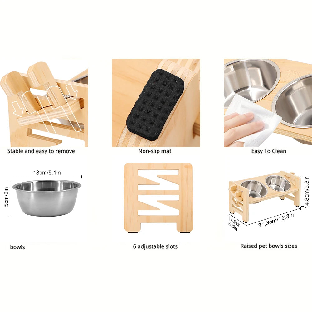 Adjustable Elevated Wooden Pet Bowl Stand with Stainless Steel Bowls
