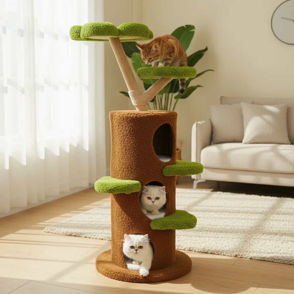 BINGOPAW 58” Tall Cat Activity Tree (Flower Platforms + Plush Condo + Sisal Scratcher)