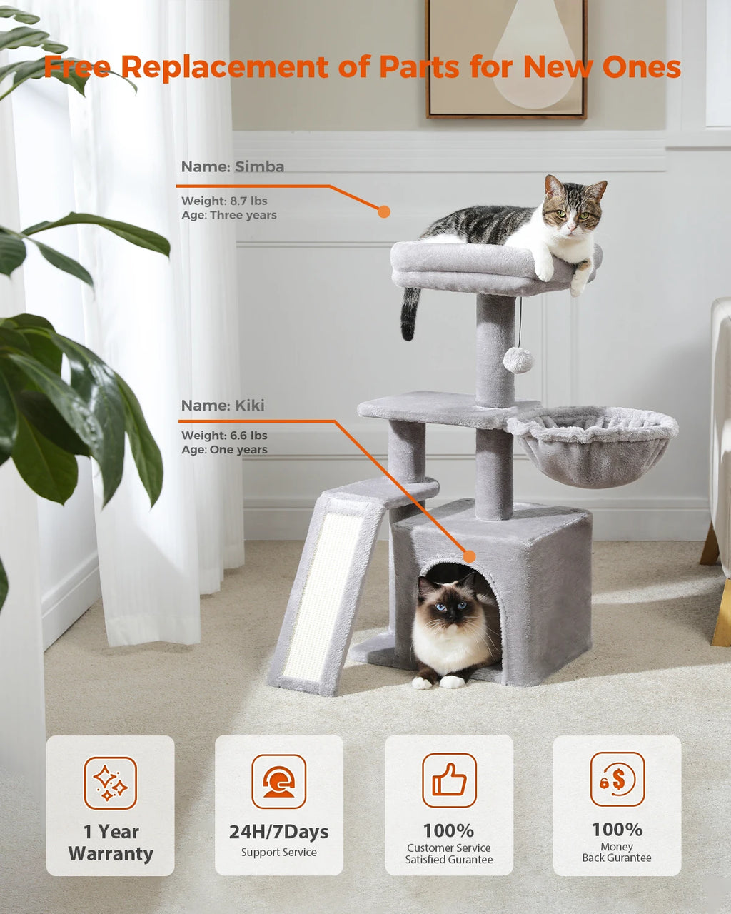 Small Cat Tree Tower with Sisal Scratching Ramp, Condo, Hammock & Top Perch