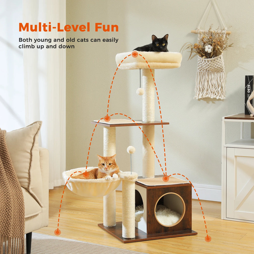 Modern Wooden Cat Tree with Condo, Hammock & Scratching Posts for Indoor Cats