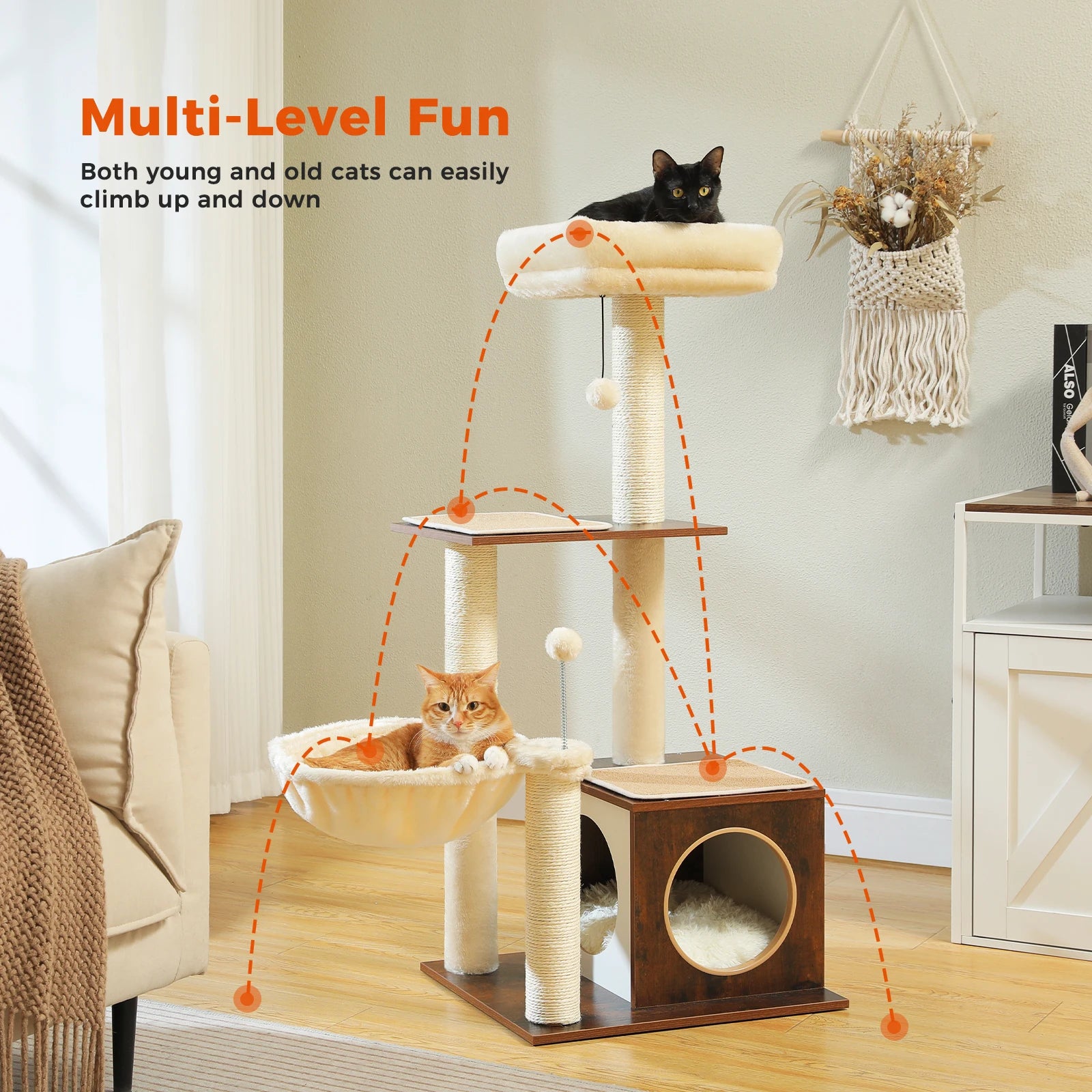 Modern Wooden Cat Tree with Condo, Hammock & Scratching Posts for Indoor Cats