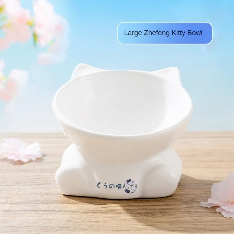 Japanese-Style Elevated Ceramic Double Cat Bowl