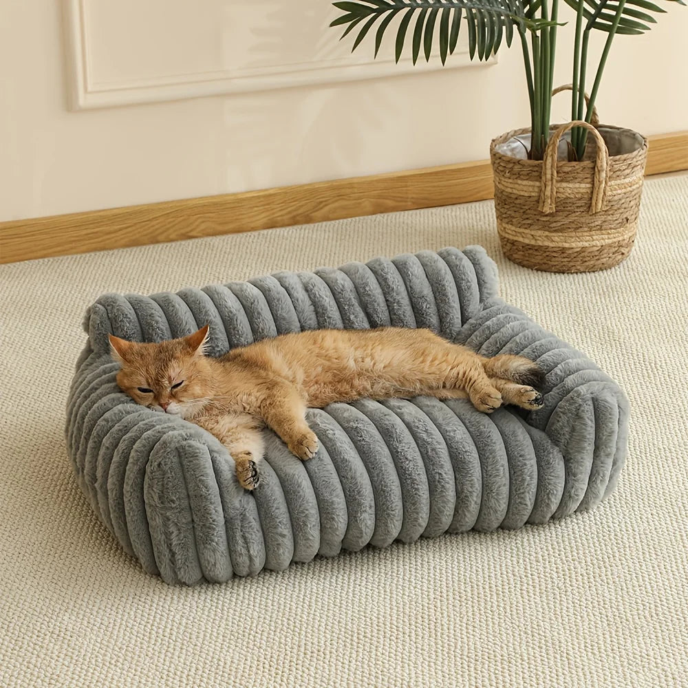 EMORELA Striped Cat Sofa Bed – Breathable Cozy Lounger for Indoor Cats, Soft Raised-Sides Pet Bed for All Seasons (Small–Medium Cats)