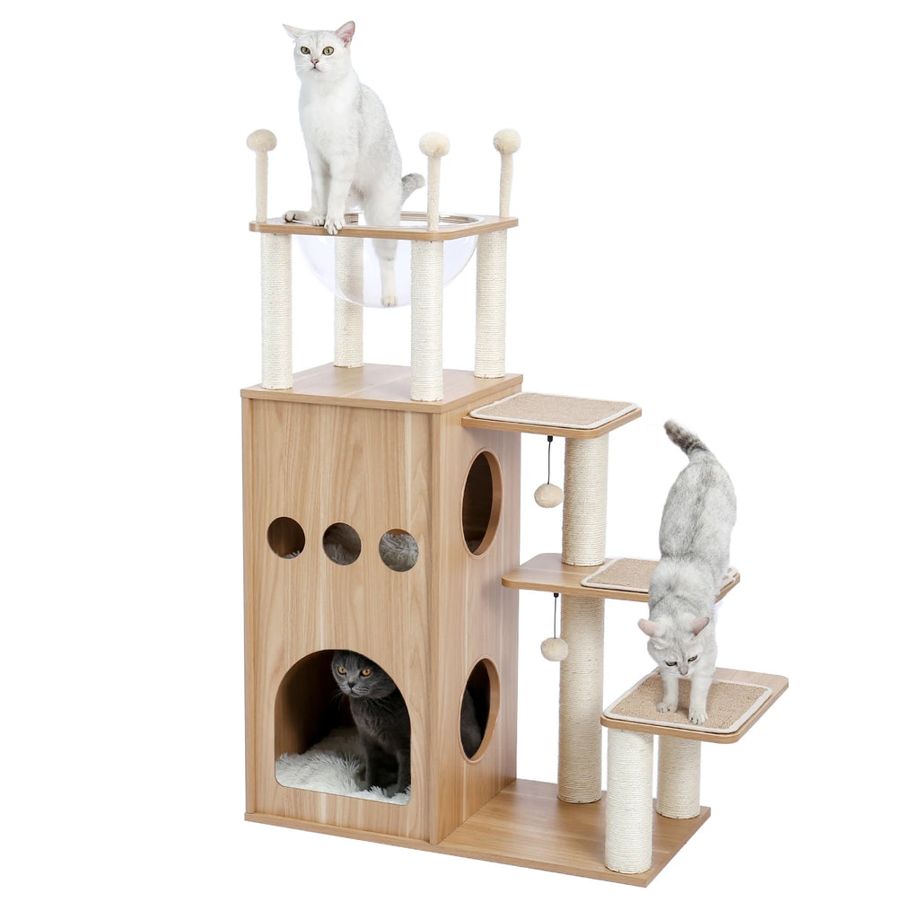 Modern Wood Cat Castle Tree (5+ Levels, Large Condos + Clear Bowl Perch)