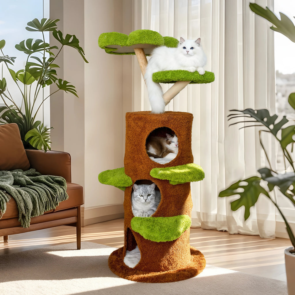 BINGOPAW 58” Tall Cat Activity Tree (Flower Platforms + Plush Condo + Sisal Scratcher)