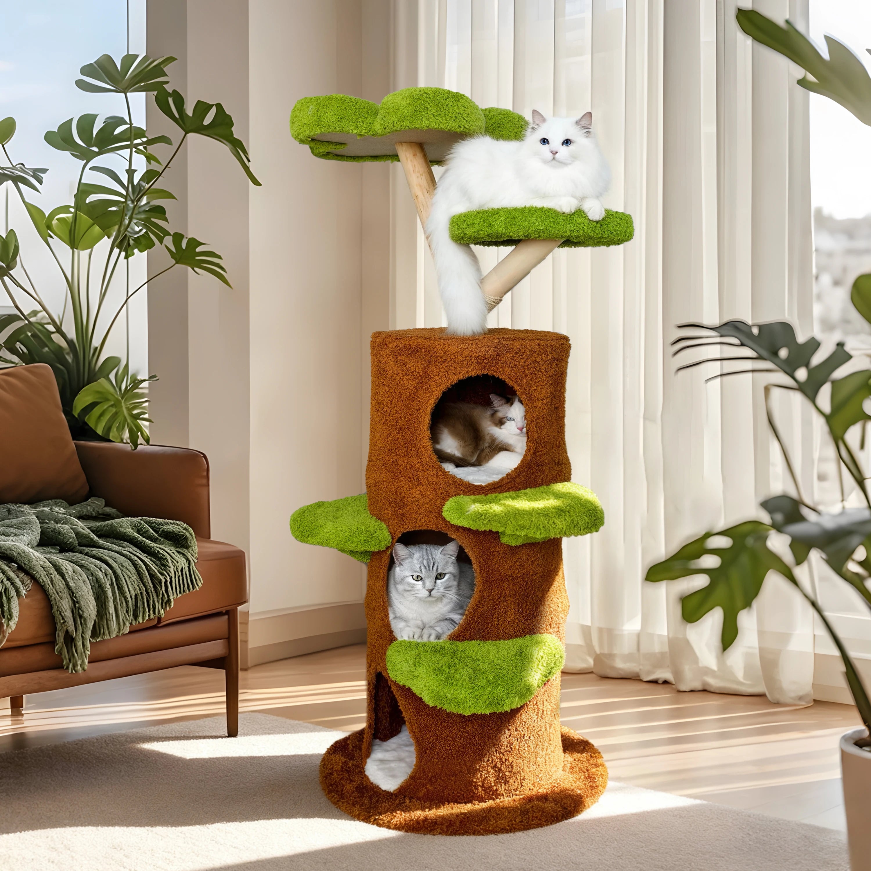 BINGOPAW 58” Tall Cat Activity Tree (Flower Platforms + Plush Condo + Sisal Scratcher)