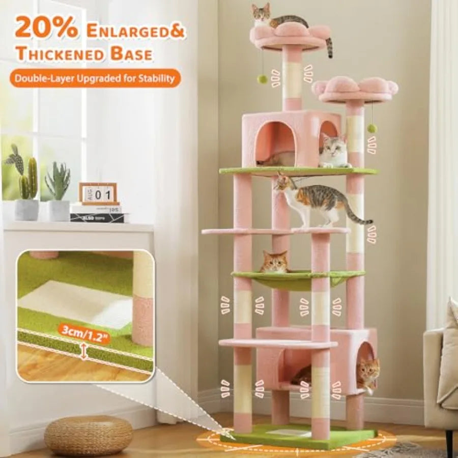 81" Tall Flower Cat Tree Tower – 2 Condos, 2 Perches & Large Hammock (Pink)