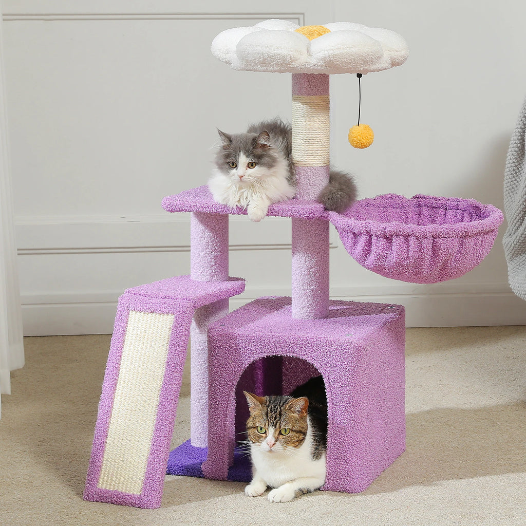 Small Cat Tree Tower with Sisal Scratching Ramp, Condo, Hammock & Top Perch