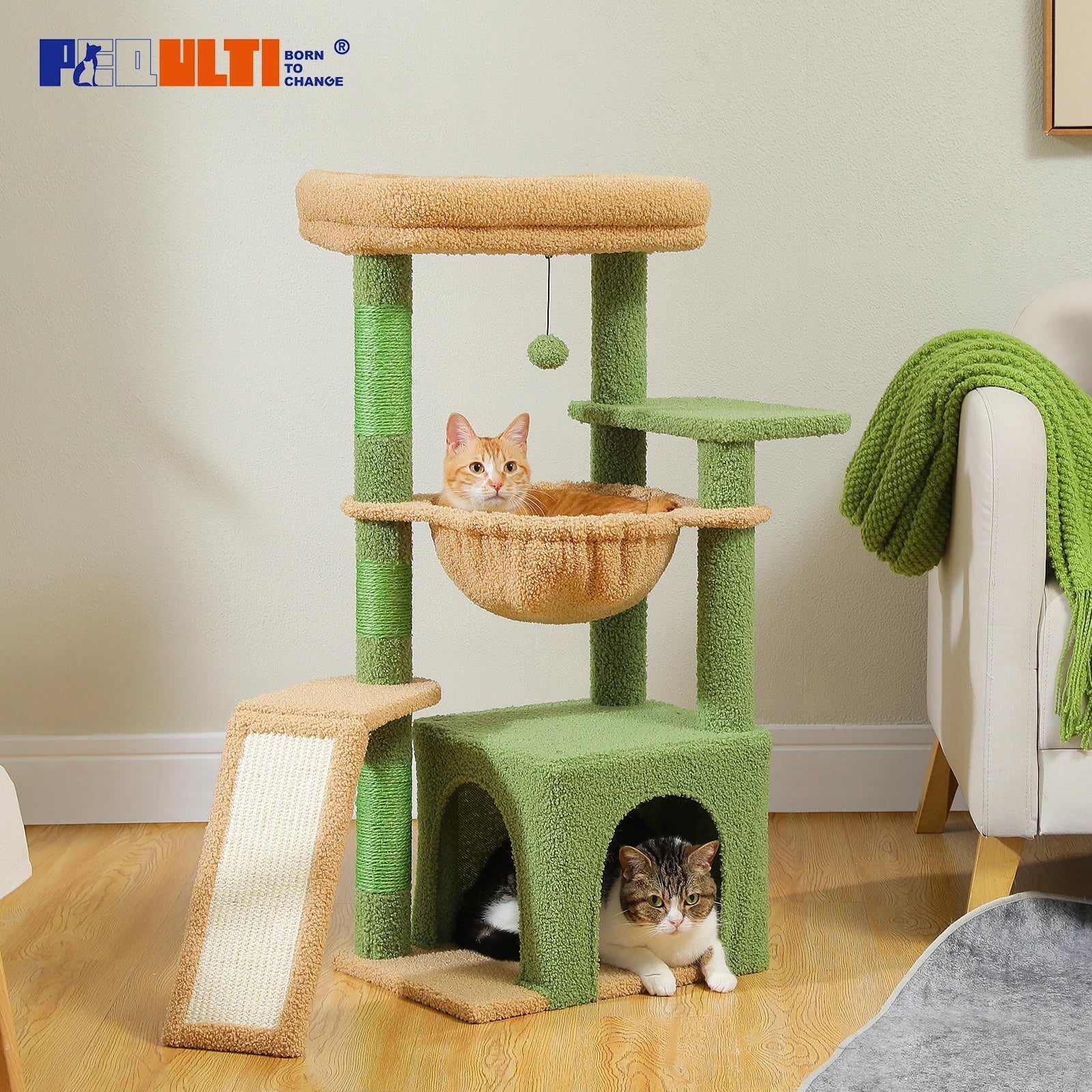 Small Cat Tree Tower with Sisal Scratching Ramp, Condo, Hammock & Top Perch