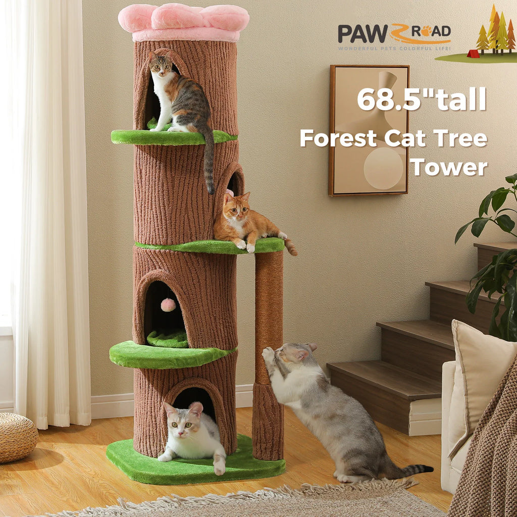 Forest Cat Tree Tower (4 Condos + Flower Top Bed + Thick Scratcher)