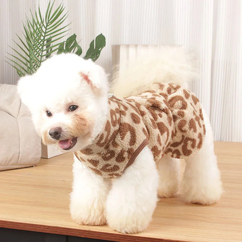 Leopard Winter Fleece Dog Dress Pullover (XS–XL)