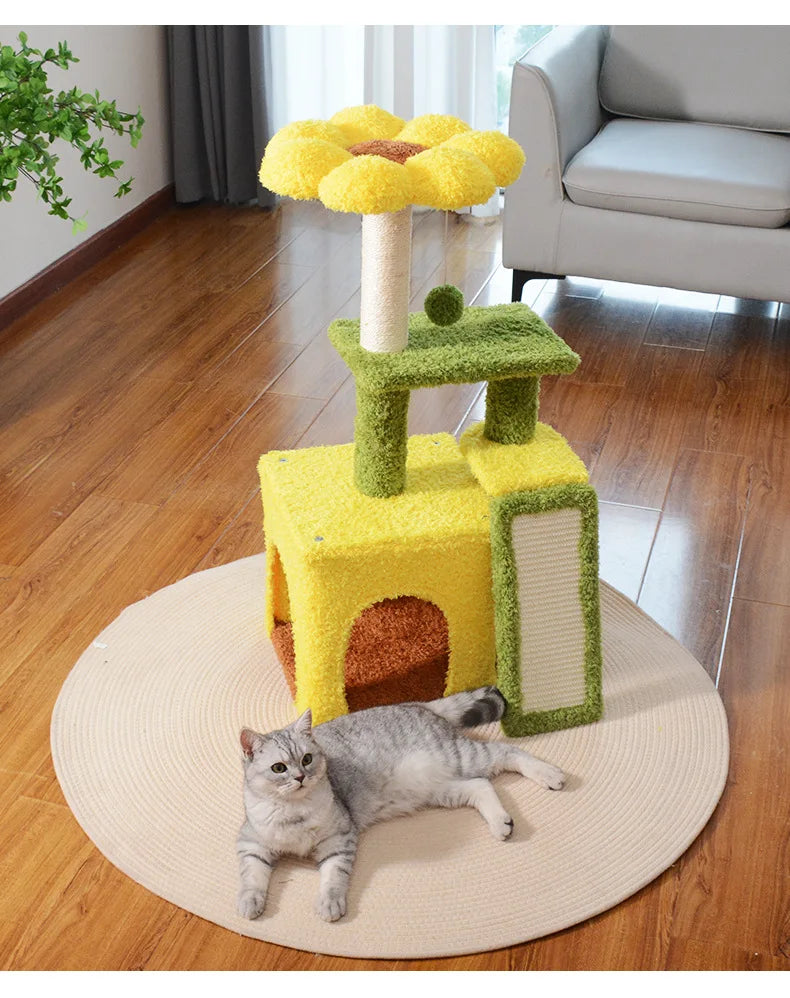 Sunflower Cat Tree Tower – Plush Velvet Cat Condo, Cozy Nest, Scratch Post & Flower Perch