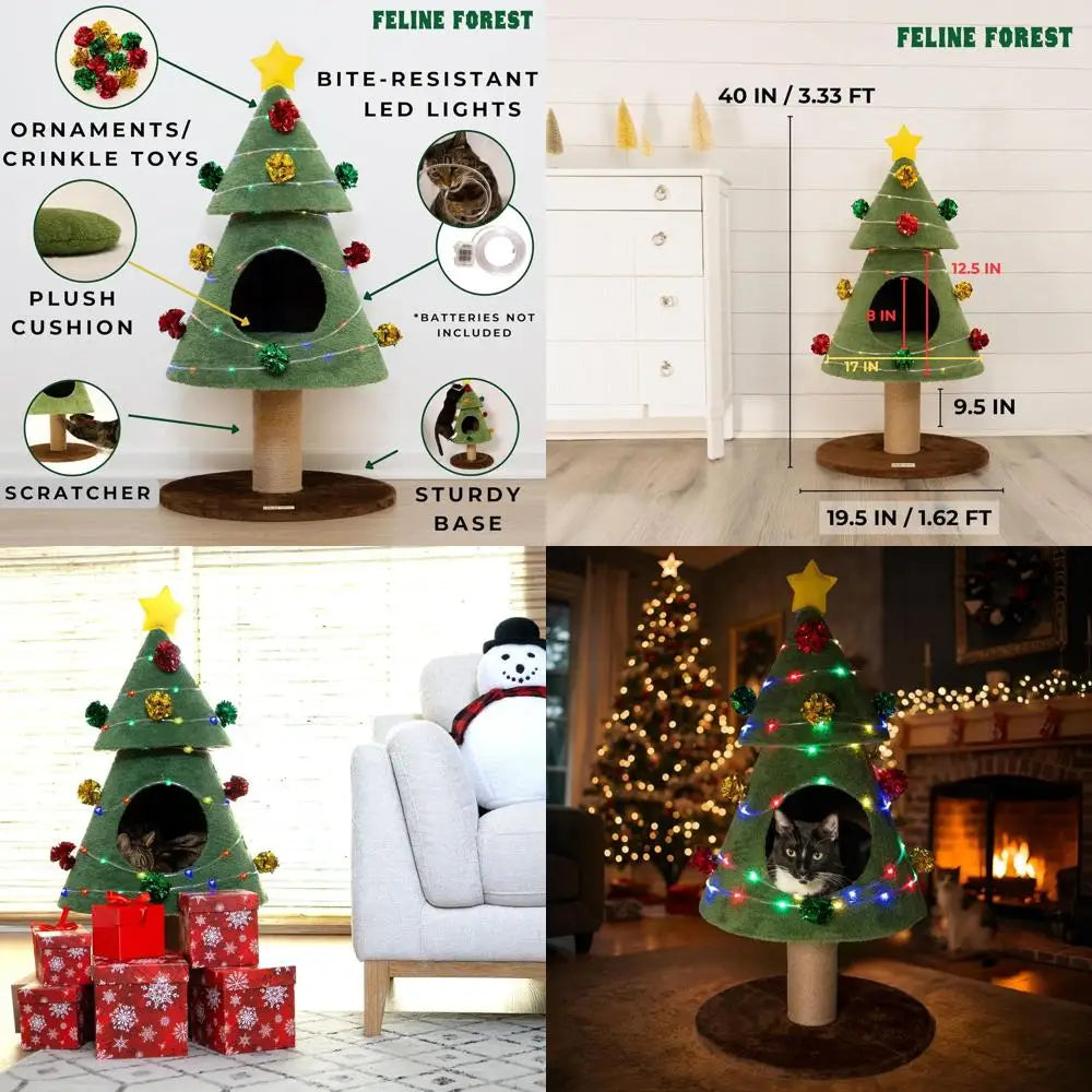 Cat-Friendly Christmas Tree Cat Tower (40” Tall, LED Lights, Scratch & Cozy Cushion)