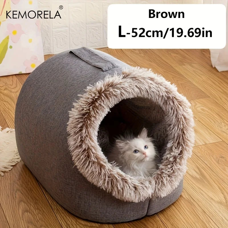 KEMORELA Winter Cat Bed – Self-Warming Cozy Cave House for Indoor Cats & Small Pets, Soft Plush Kennel Hut with Non-Slip Base