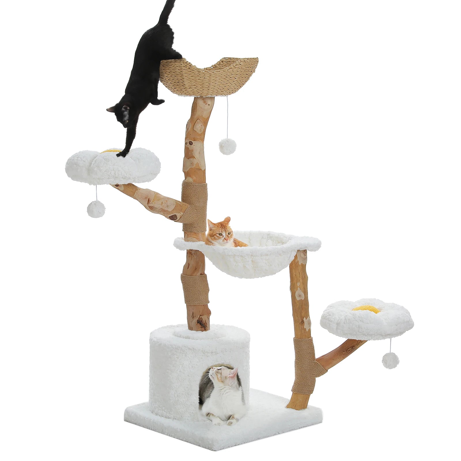 Luxury Multi-Level Flower Cat Tree Tower with Wicker Basket Bed & Solid Wood Scratching Posts