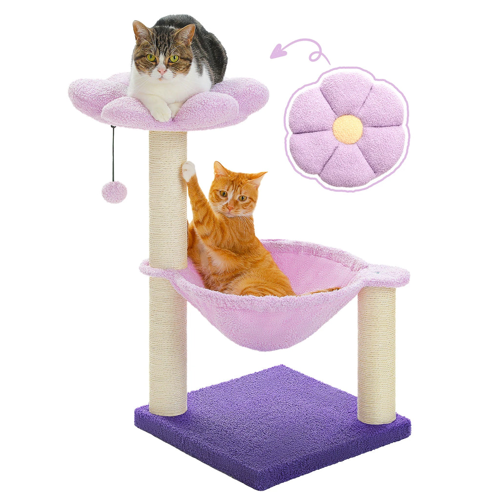 Flower Cat Tree with Sisal Scratching Posts & Large Hammock – Compact Indoor Cat Tower with Soft Top Perch for Kittens