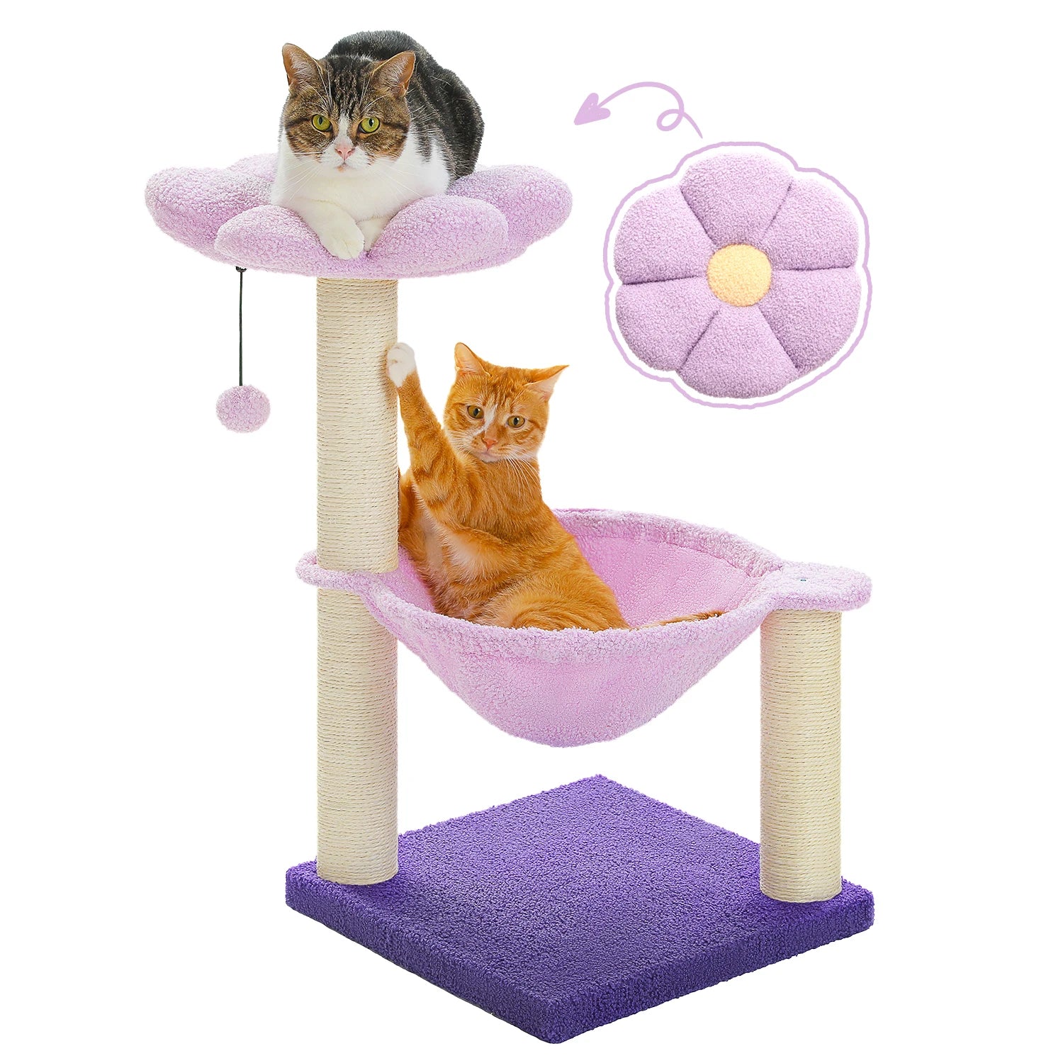 Flower Cat Tree with Sisal Scratching Posts & Large Hammock – Compact Indoor Cat Tower with Soft Top Perch for Kittens