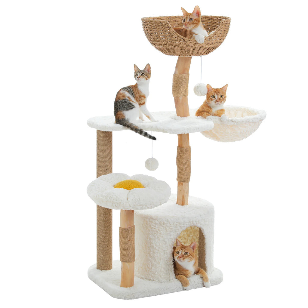 Modern White Cat Tree Tower (Flower Bed + Hammock + Condo) – 123cm